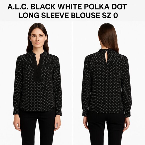 A.L.C. Black White Polka Dot Long Sleeve Blouse Sz 0 - Picture 1 of 10